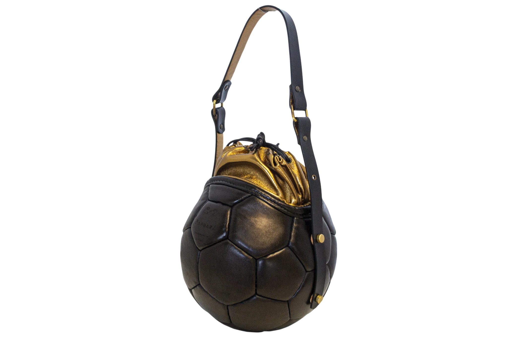 PANGAEA Round Bag nera con chiusura oro, vista tre quarti